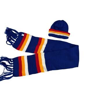 Vintage Striped Yellow Blue Red White 100% Acrylic Knit Beanie Scarf Set